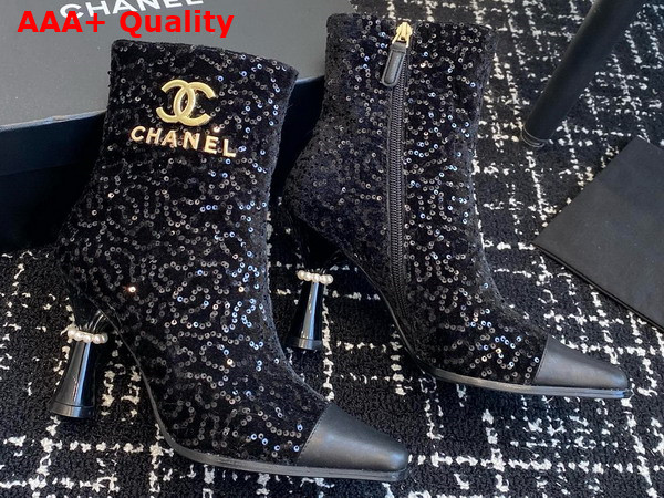 Chanel Short Boots with Gold Chanel Letter Logo Black Sequins Replica