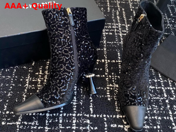 Chanel Short Boots with Gold Chanel Letter Logo Black Sequins Replica