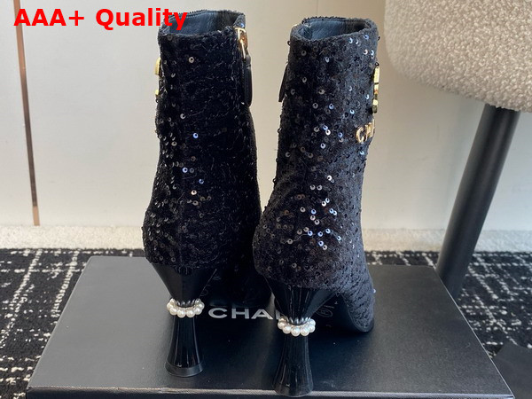 Chanel Short Boots with Gold Chanel Letter Logo Black Sequins Replica