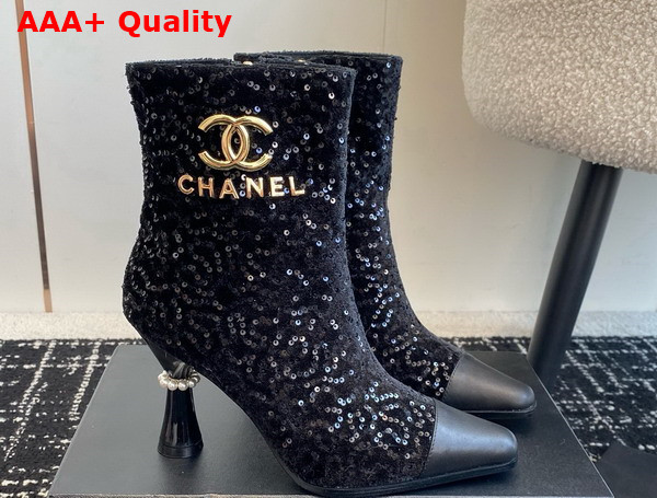 Chanel Short Boots with Gold Chanel Letter Logo Black Sequins Replica