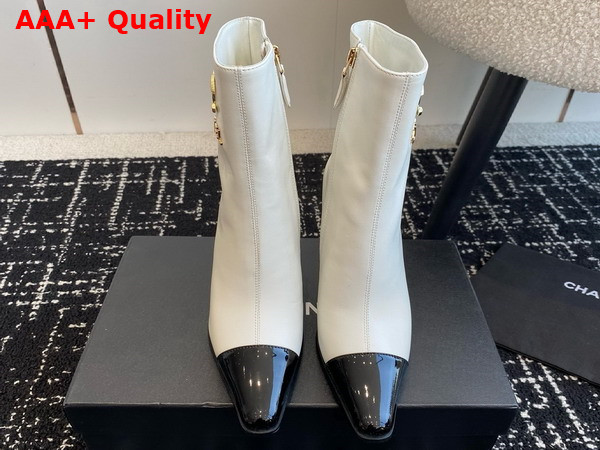 Chanel Short Boots with Gold Chanel Letter Logo White Lambskin and Black Patent Leather Replica