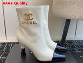 Chanel Short Boots with Gold Chanel Letter Logo White Lambskin and Black Patent Leather Replica