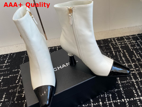 Chanel Short Boots with Gold Chanel Letter Logo White Lambskin and Black Patent Leather Replica