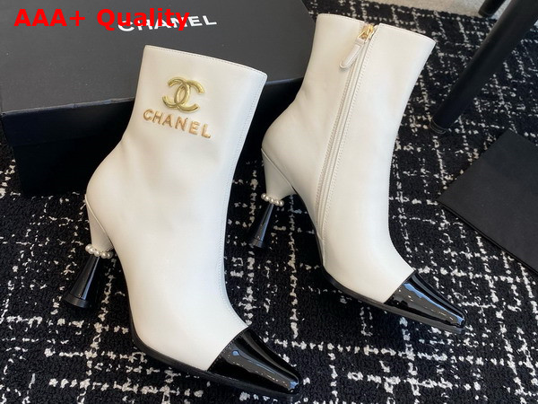 Chanel Short Boots with Gold Chanel Letter Logo White Lambskin and Black Patent Leather Replica