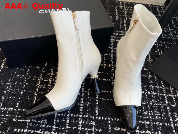 Chanel Short Boots with Gold Chanel Letter Logo White Lambskin and Black Patent Leather Replica