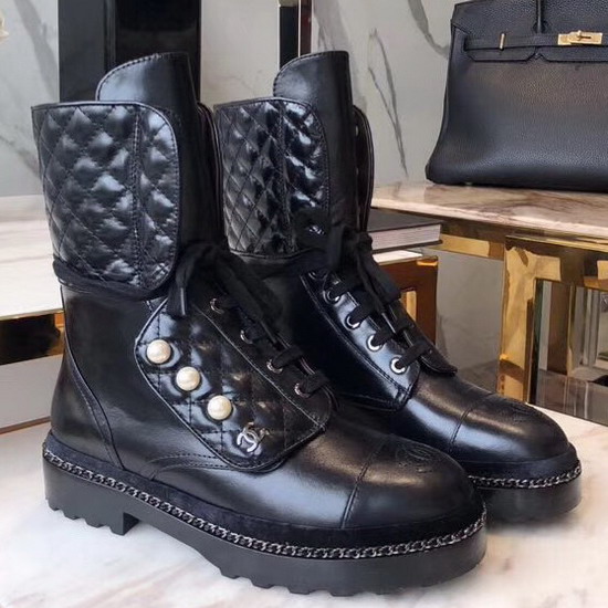 Chanel Short Boots with Pearl Studs Black Calfskin G33185