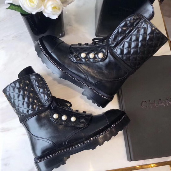 Chanel Short Boots with Pearl Studs Black Calfskin G33185