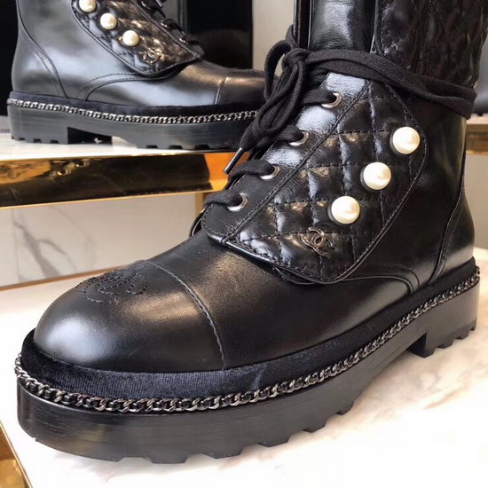 Chanel Short Boots with Pearl Studs Black Calfskin G33185