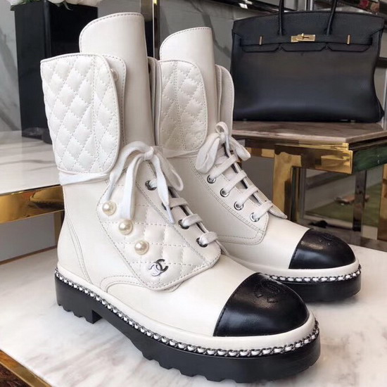 Chanel Short Boots with Pearl Studs White Calfskin G33185