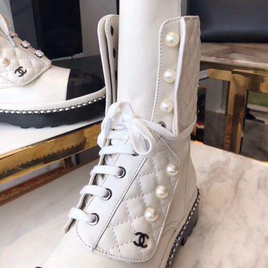 Chanel Short Boots with Pearl Studs White Calfskin G33185