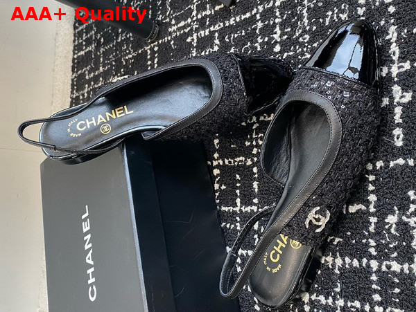 Chanel Slingback Pump in Black Tweed and Patent Calfskin Replica