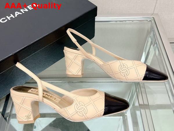 Chanel Slingback Pumps in Beige and Black Embroidered Lambskin Replica