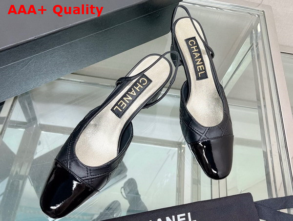 Chanel Slingback Pumps in Black Embroidered Lambskin and Patent Calfskin Replica