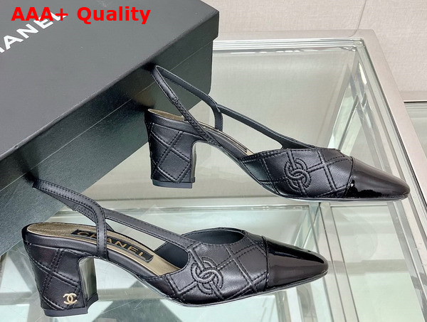 Chanel Slingback Pumps in Black Embroidered Lambskin and Patent Calfskin Replica