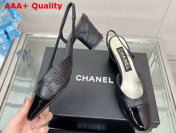 Chanel Slingback Pumps in Black Embroidered Lambskin and Patent Calfskin Replica