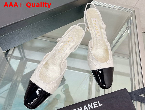 Chanel Slingback Pumps in Ivory Embroidered Lambskin and Black Patent Calfskin Replica