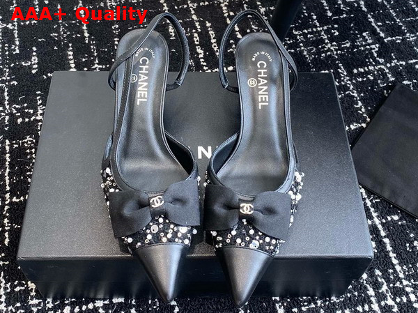 Chanel Slingbacks Black Embroidery Strass and Lambskin Replica