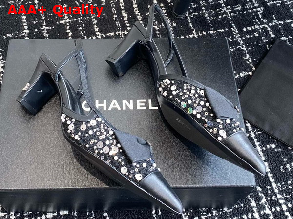 Chanel Slingbacks Black Embroidery Strass and Lambskin Replica