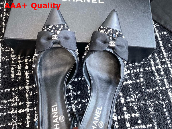 Chanel Slingbacks Black Embroidery Strass and Lambskin Replica