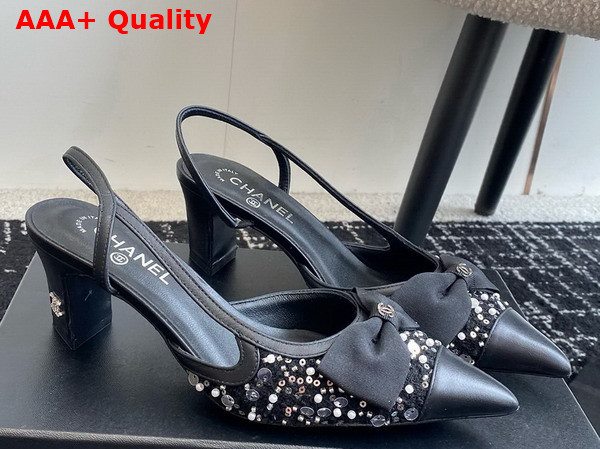 Chanel Slingbacks Black Embroidery Strass and Lambskin Replica