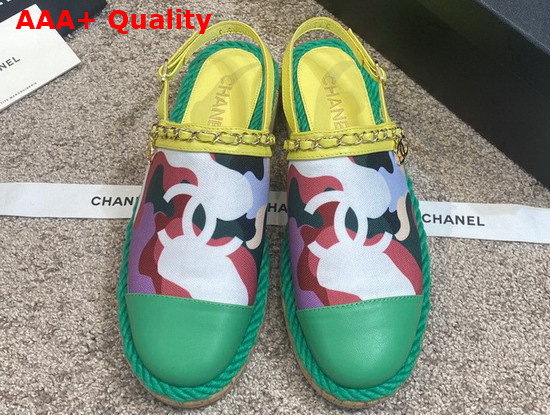 Chanel Slingbacks Multicolor Printed Canvas and Green Calfskin Replica