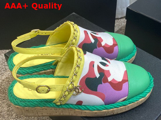 Chanel Slingbacks Multicolor Printed Canvas and Green Calfskin Replica