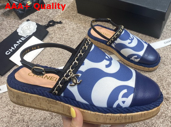 Chanel Slingbacks Printed Canvas and Blue Grained Calfskin Replica