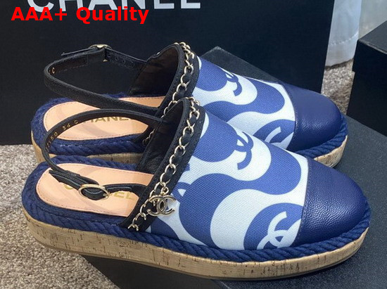 Chanel Slingbacks Printed Canvas and Blue Grained Calfskin Replica