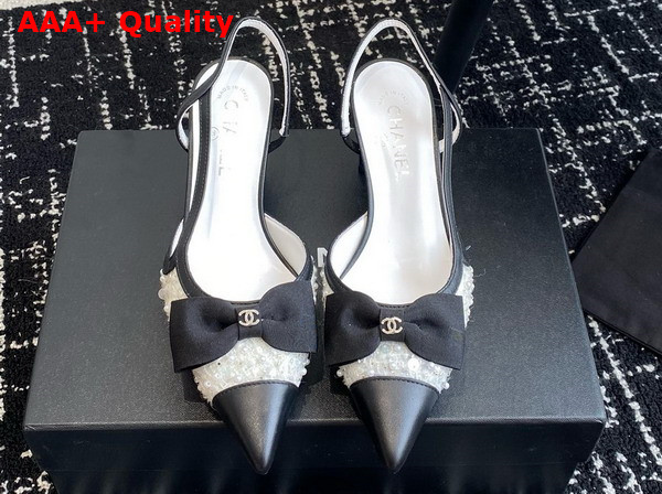 Chanel Slingbacks White and Black Embroidery Strass and Lambskin Replica