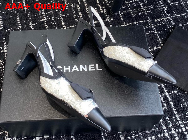 Chanel Slingbacks White and Black Embroidery Strass and Lambskin Replica