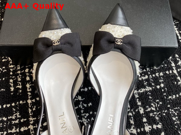 Chanel Slingbacks White and Black Embroidery Strass and Lambskin Replica