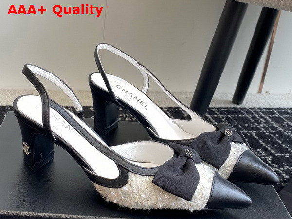 Chanel Slingbacks White and Black Embroidery Strass and Lambskin Replica