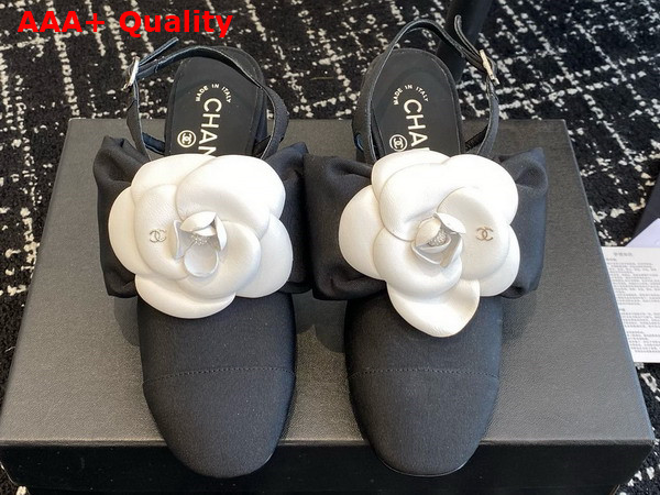 Chanel Slingbacks with Bow and Flower Black Grosgrain and Lambskin Replica