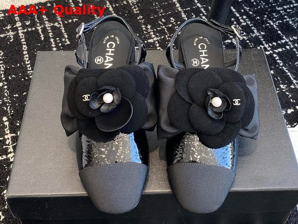 Chanel Slingbacks with Bow and Flower Black Patent Leather and Grosgrain Replica