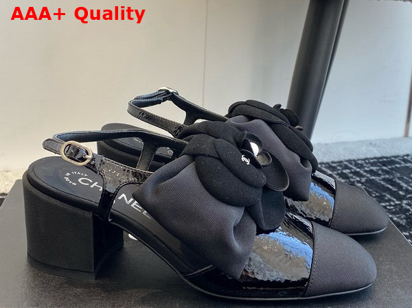 Chanel Slingbacks with Bow and Flower Black Patent Leather and Grosgrain Replica