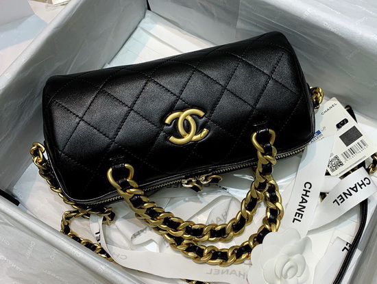 Chanel Small Bowling Bag in Black Shiny Lambskin and Gold Tone Metal AS1899 Replica