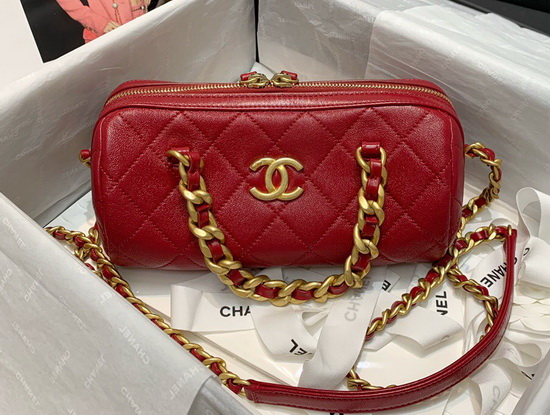 Chanel Small Bowling Bag in Red Shiny Lambskin and Gold Tone Metal AS1899 Replica