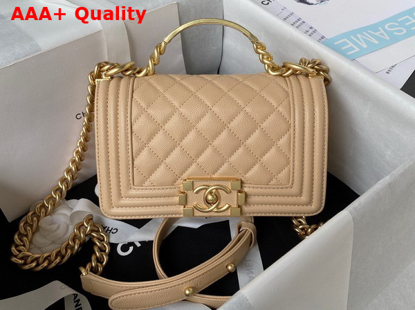 Chanel Small Boy Chanel Flap Bag with Handle Beige Grained Shiny Calfskin Gold Tone Metal A94805 Replica