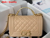 Chanel Small Boy Chanel Flap Bag with Handle Beige Grained Shiny Calfskin Gold Tone Metal A94805 Replica