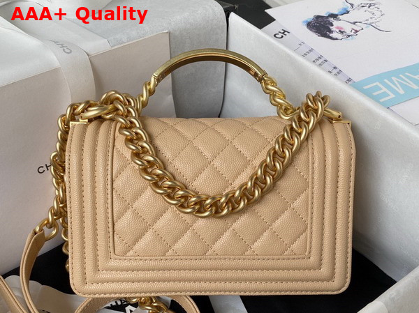 Chanel Small Boy Chanel Flap Bag with Handle Beige Grained Shiny Calfskin Gold Tone Metal A94805 Replica