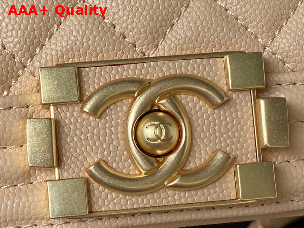 Chanel Small Boy Chanel Flap Bag with Handle Beige Grained Shiny Calfskin Gold Tone Metal A94805 Replica