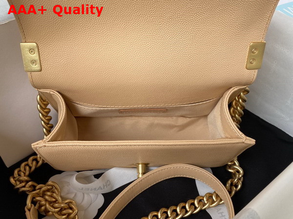 Chanel Small Boy Chanel Flap Bag with Handle Beige Grained Shiny Calfskin Gold Tone Metal A94805 Replica