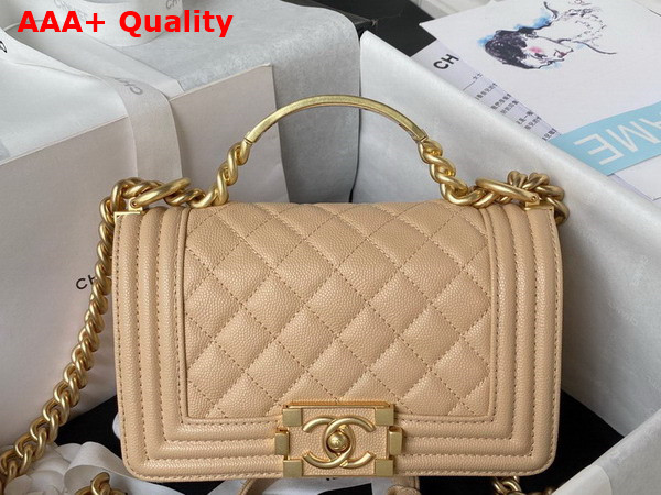 Chanel Small Boy Chanel Flap Bag with Handle Beige Grained Shiny Calfskin Gold Tone Metal A94805 Replica