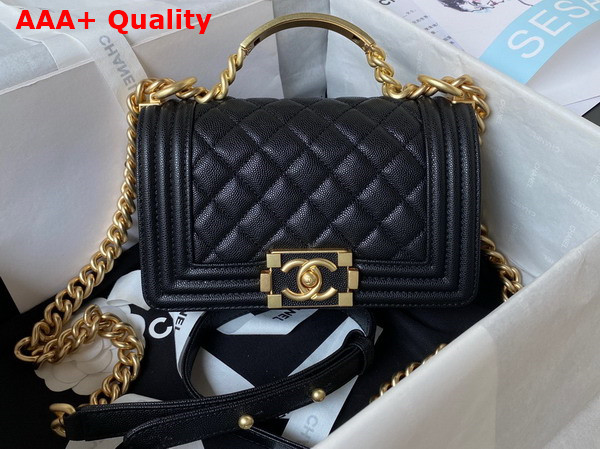 Chanel Small Boy Chanel Flap Bag with Handle Black Grained Shiny Calfskin Gold Tone Metal A94805 Replica