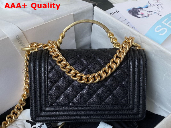 Chanel Small Boy Chanel Flap Bag with Handle Black Grained Shiny Calfskin Gold Tone Metal A94805 Replica