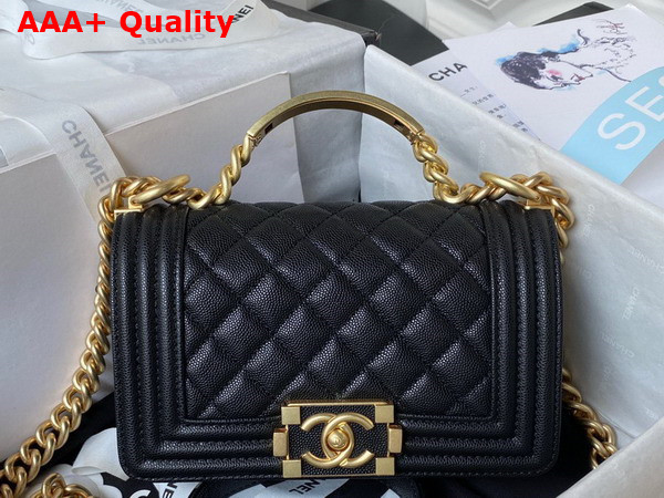 Chanel Small Boy Chanel Flap Bag with Handle Black Grained Shiny Calfskin Gold Tone Metal A94805 Replica