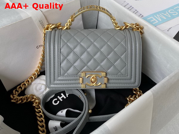 Chanel Small Boy Chanel Flap Bag with Handle Grey Grained Shiny Calfskin Gold Tone Metal A94805 Replica