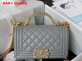 Chanel Small Boy Chanel Flap Bag with Handle Grey Grained Shiny Calfskin Gold Tone Metal A94805 Replica