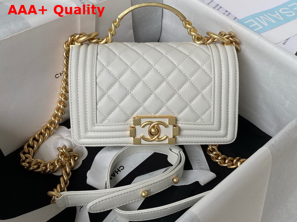 Chanel Small Boy Chanel Flap Bag with Handle White Grained Shiny Calfskin Gold Tone Metal A94805 Replica