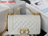 Chanel Small Boy Chanel Flap Bag with Handle White Grained Shiny Calfskin Gold Tone Metal A94805 Replica